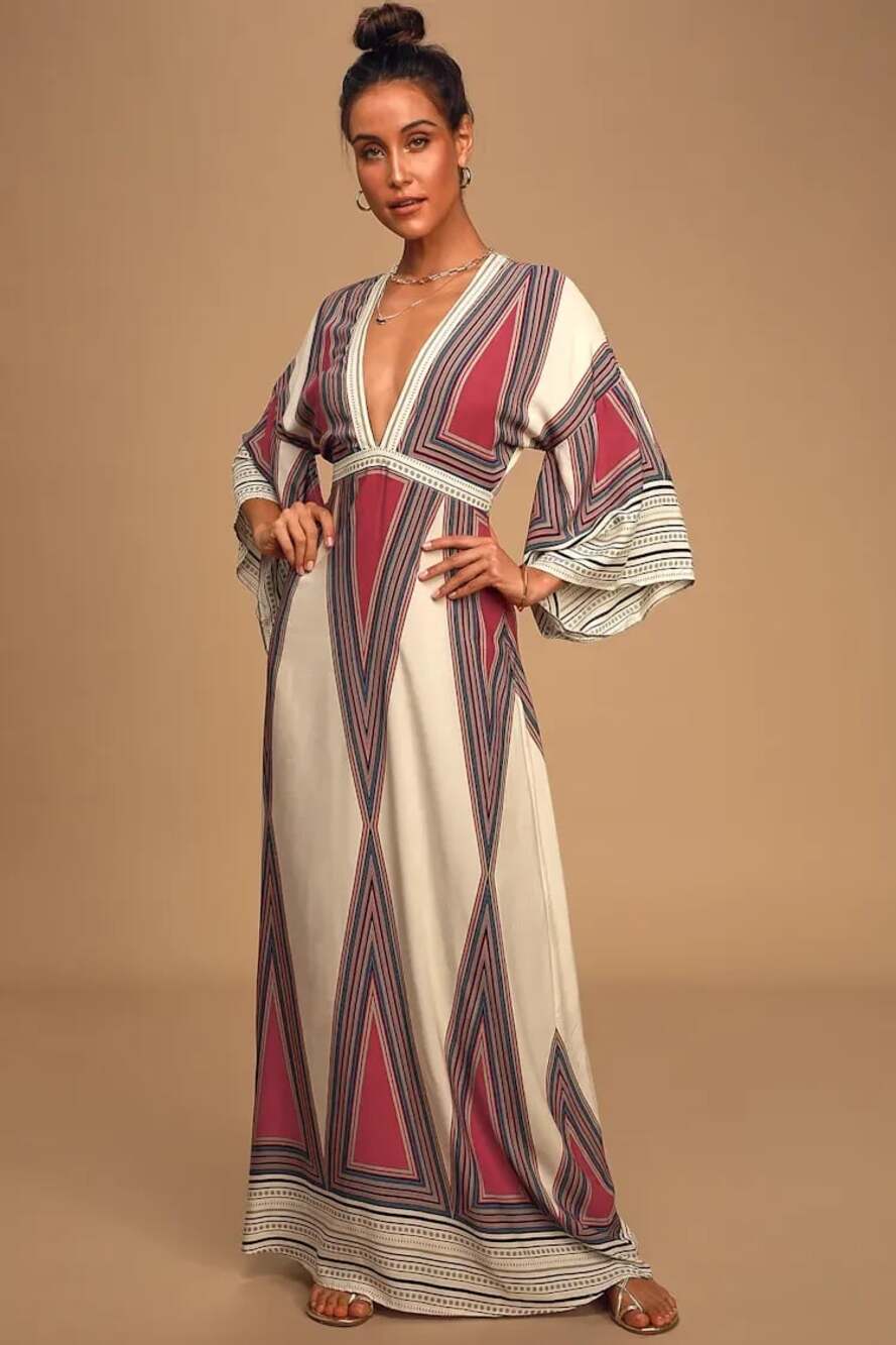 Lulus Geometrix Maroon and Cream Geo Print Maxi Dress Small